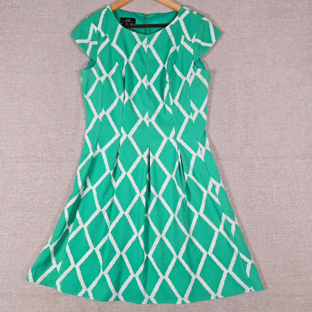 AGB Womens Green White Diamond Trellis Cap‎ Sleeve Fit Flare Dress Size 12